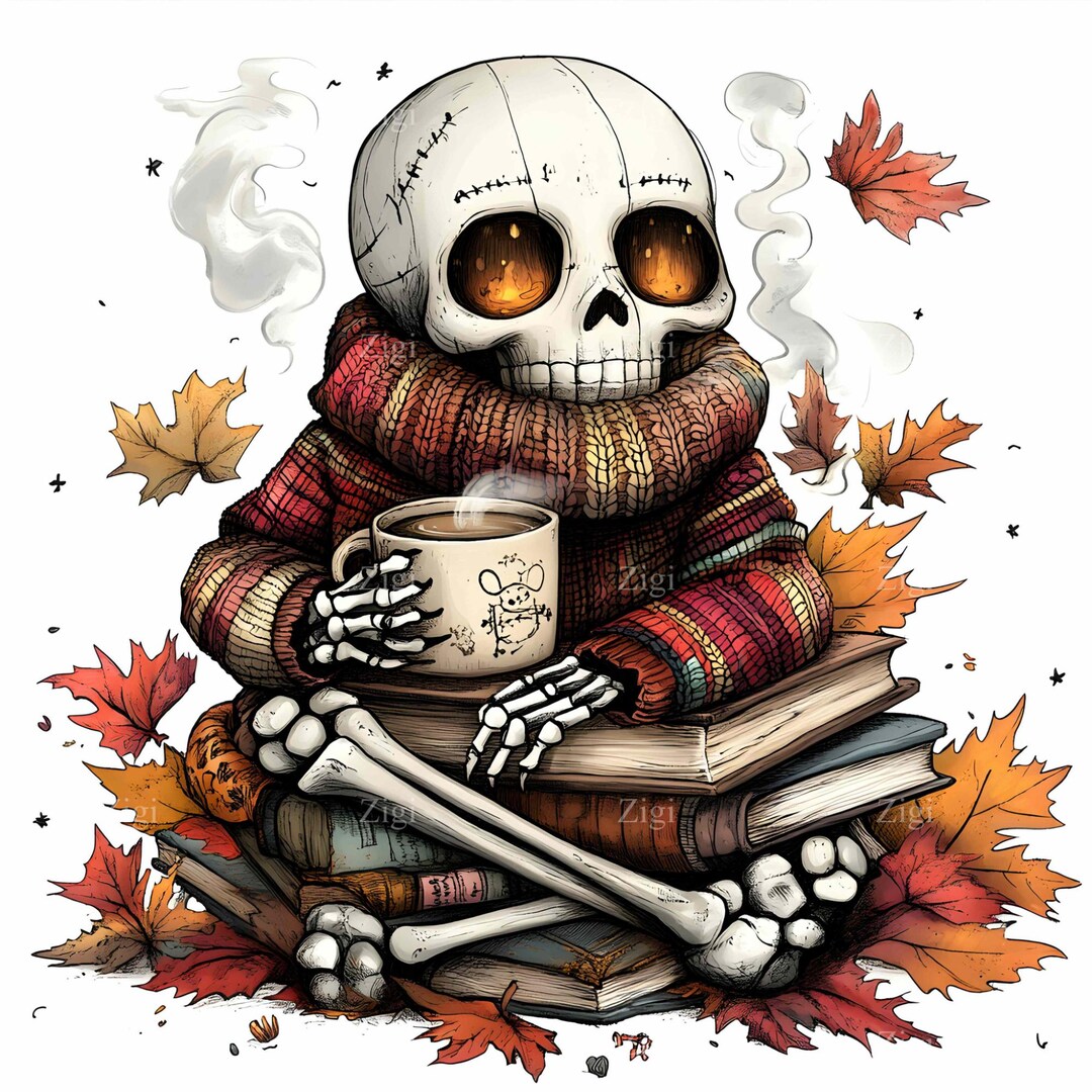 Fall Skeleton Background Pattern 20 JPG Bookish Skeleton Fall Reading Skull Sweater Clipart - Etsy