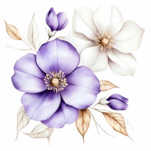 24 imágenes prediseñadas florales elegantes en formato JPEG, flores moradas y blancas en formato JPG, delicada ilustración botánica, descarga digital
