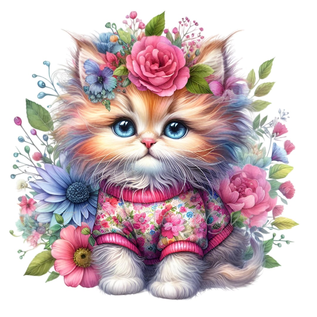 14 PNG Floral Kitten Clipart – Cat With Flowers Illustration for ...