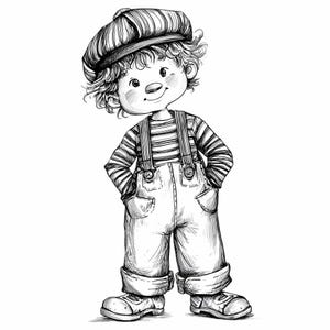 Könnte beinhalten: Schwarz-Weiß-Illustration eines lächelnden Kindes mit gestreifter Zeitungsjungenmütze, gestreiftem Langarmshirt, Latzhose mit Hosenträgern und Schuhen. Das Kind hat lockiges Haar und steht mit den Händen in den Taschen.