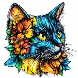 12 PNG Colorful floral cat PNG – watercolor cat head clipart – feline sublimation art for pet lovers, decor, crafts or cat mom gifts
