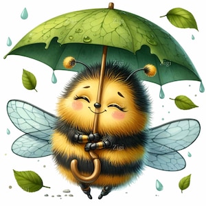 14 lindos abejorros PNG con paraguas de hojas PNG Clipart, abeja esponjosa bajo la lluvia Arte digital, descarga instantánea para manualidades