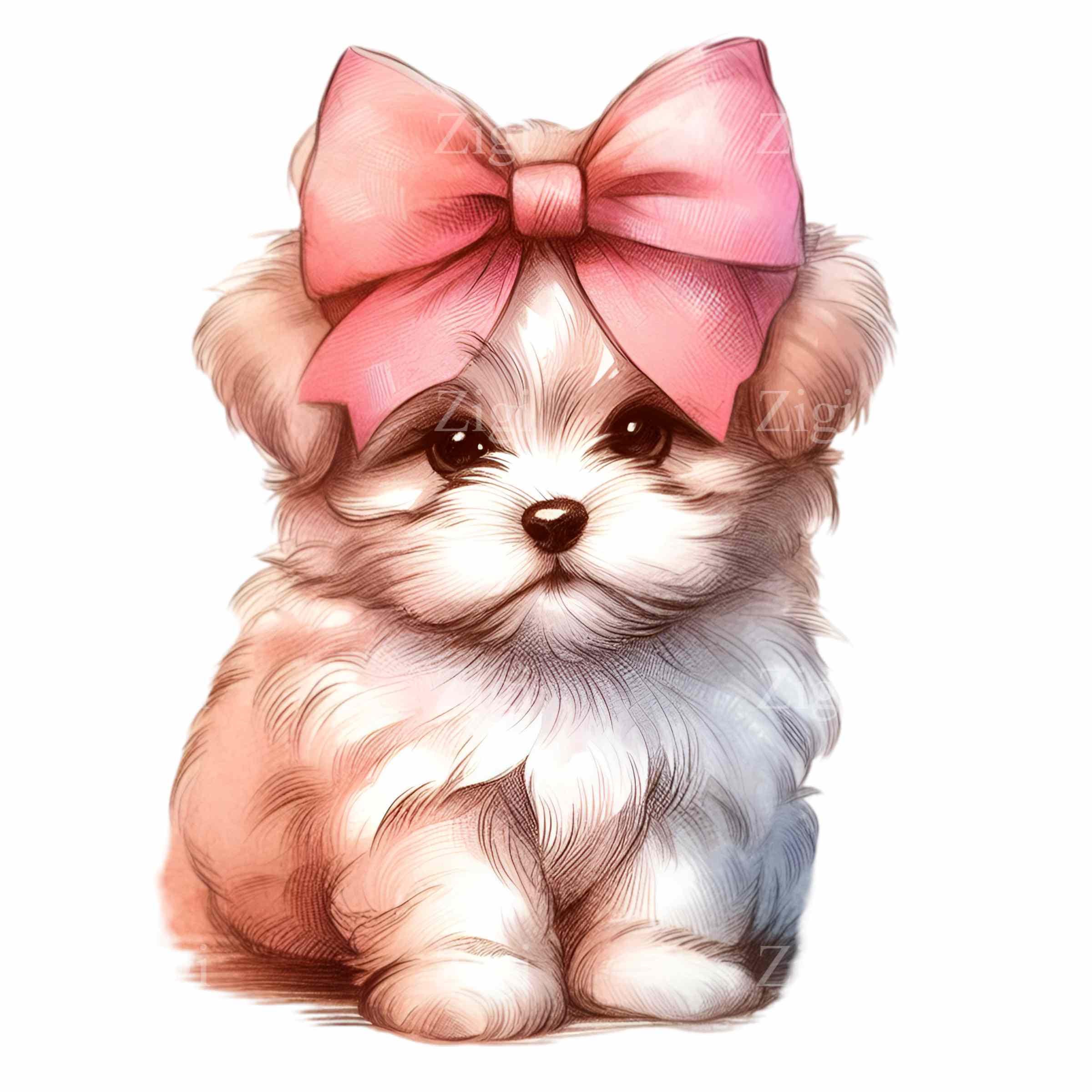 12 PNG Pink Bow Maltipoo, Watercolor Puppy Fall Sublimation, Autumn Dog ...