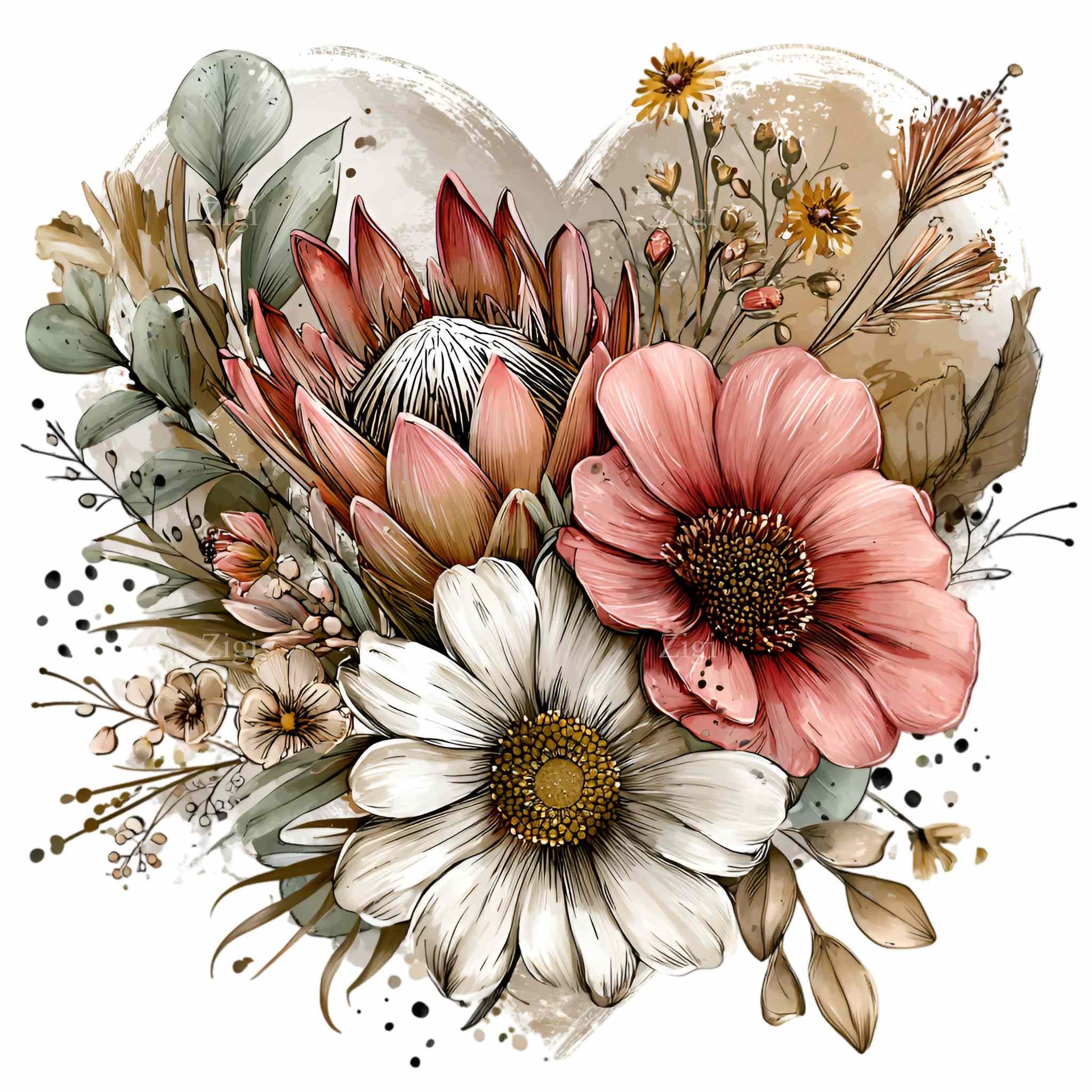 15 PNG Neutral Floral Heart Clipart – Vintage Flower PNG – Digital ...