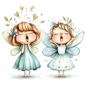 23 JPEG Singing Fairy Clipart - Zwei süße Fantasy Feen mit Flügeln in Pastellkleidern, Blättern und Schmetterlingen, JPG Art