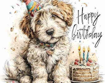 Puede incluir: Ilustración en acuarela de un perro esponjoso, marrón claro y blanco, con un gorro de fiesta y un collar, con una tarta de cumpleaños y la frase "Happy Birthday". Confeti y cintas añaden a la escena festiva.