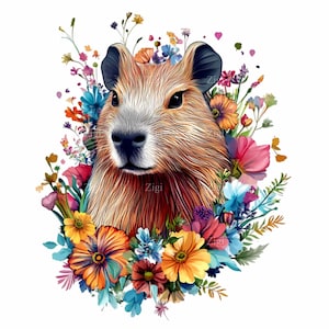 12 PNG de capibara floral – Clipart de animales de acuarela – Lindo arte de roedor de la selva para sublimación, manualidades de la naturaleza, impresiones de pared y camisetas