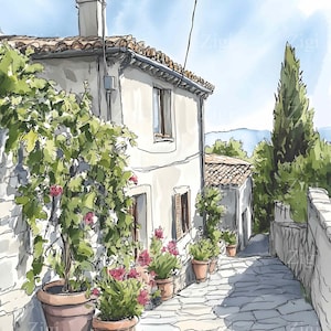 28 imágenes prediseñadas de calles mediterráneas en formato JPEG con casas de piedra y flores en macetas, acuarela de un pueblo costero en formato JPG, arte de una escena de viaje rústica
