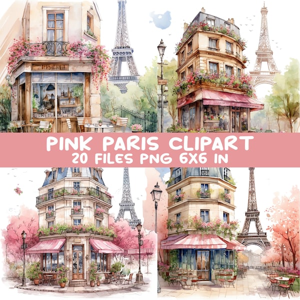 Pink Paris Clipart Bundle 20 Pastel Watercolor PNG, Eiffel Tower Café Shop Street, Card Making, Sublimation. Digital Planner, Junk Journal