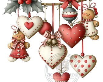 14 Gingerbread Hearts Hanging Png, Christmas Cookie Ornament Holly Garland Decor