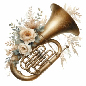 12 Vintage Tuba PNG Clipart, Elegant Brass Instrument with Floral Watercolor, Classical Music Digital Art