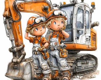 15 imágenes PNG de construcción para niños: ilustración de excavadora, arte de constructor para guarderías.