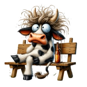 15 divertenti clipart di mucca seduta su una panchina con i capelli spettinati e una bottiglia, un animale da fattoria dei cartoni animati sciocco con grandi occhi