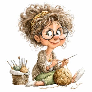 15 PNG Stickning Lady Clipart – Garn PNG – Nyckfull Kvinna Digital för Hantverk, Syprojekt, Klistermärken, Scrapbook, Väggkonst, Sublimering