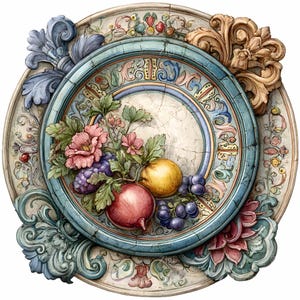 Puede incluir: Plato decorativo con un anillo azul central con motivos florales y frutales. El plato incluye flores rosas, uvas moradas, una fruta amarilla y una fruta roja. Los adornos y un fondo claro completan el diseño.