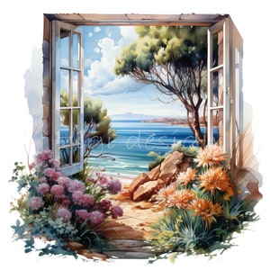 15 png-afbeeldingen met open raam met uitzicht op de oceaan, mediterrane tuinbloemen, kustlandschap en blauwe zeehorizon