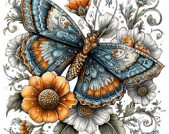 May include: A detailed illustration of a butterfly with blue and orange wings, surrounded by orange and white flowers and green foliage. The butterfly has intricate patterns and details, set against a white background.