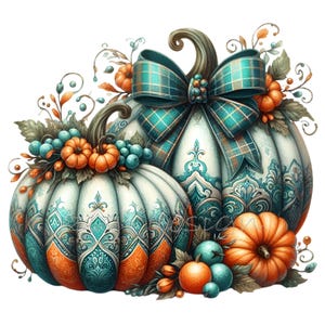 Elegante autunno zucca Clipart PNG - 14 intricate zucche turchesi e arancioni con fiocchi, perfette per decorazioni autunnali e artigianato fai da te