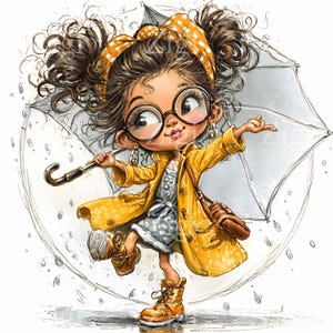 Puede incluir: Ilustraci&oacute;n de un joven con impermeable y botas amarillas, sosteniendo un paraguas gris bajo la lluvia. La persona lleva gafas redondas grandes y una diadema amarilla de lunares. Una bandolera marr&oacute;n cuelga de su hombro. Estilo de dibujos animados.