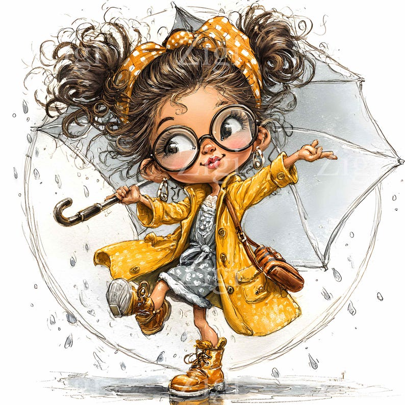 Puede incluir: Ilustraci&oacute;n de un joven con impermeable y botas amarillas, sosteniendo un paraguas gris bajo la lluvia. La persona lleva gafas redondas grandes y una diadema amarilla de lunares. Una bandolera marr&oacute;n cuelga de su hombro. Estilo de dibujos animados.