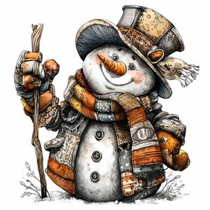 Peut inclure: Illustration d'un bonhomme de neige fantaisiste avec un nez en carotte, des yeux en bouton et une écharpe cousue. Le bonhomme de neige porte un chapeau et des mitaines en patchwork, tenant un bâton en bois. Thème hivernal.