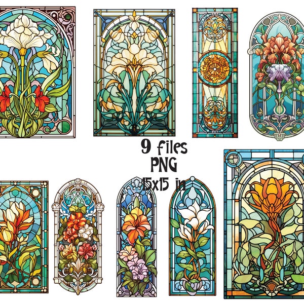 Stained Glass Art Nouveau Clipart PNG Watercolor Romantic Panel Sublimation