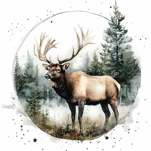 20 imágenes prediseñadas de alce majestuoso en formato JPG con escena forestal, ciervo en acuarela JPEG, arte de animales salvajes, paisaje natural, descarga instantánea