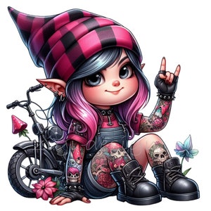 18 Clipart nain punk PNG, nain avant-gardiste avec tatouages et chapeau à damier, téléchargement numérique pour travaux manuels et décoration