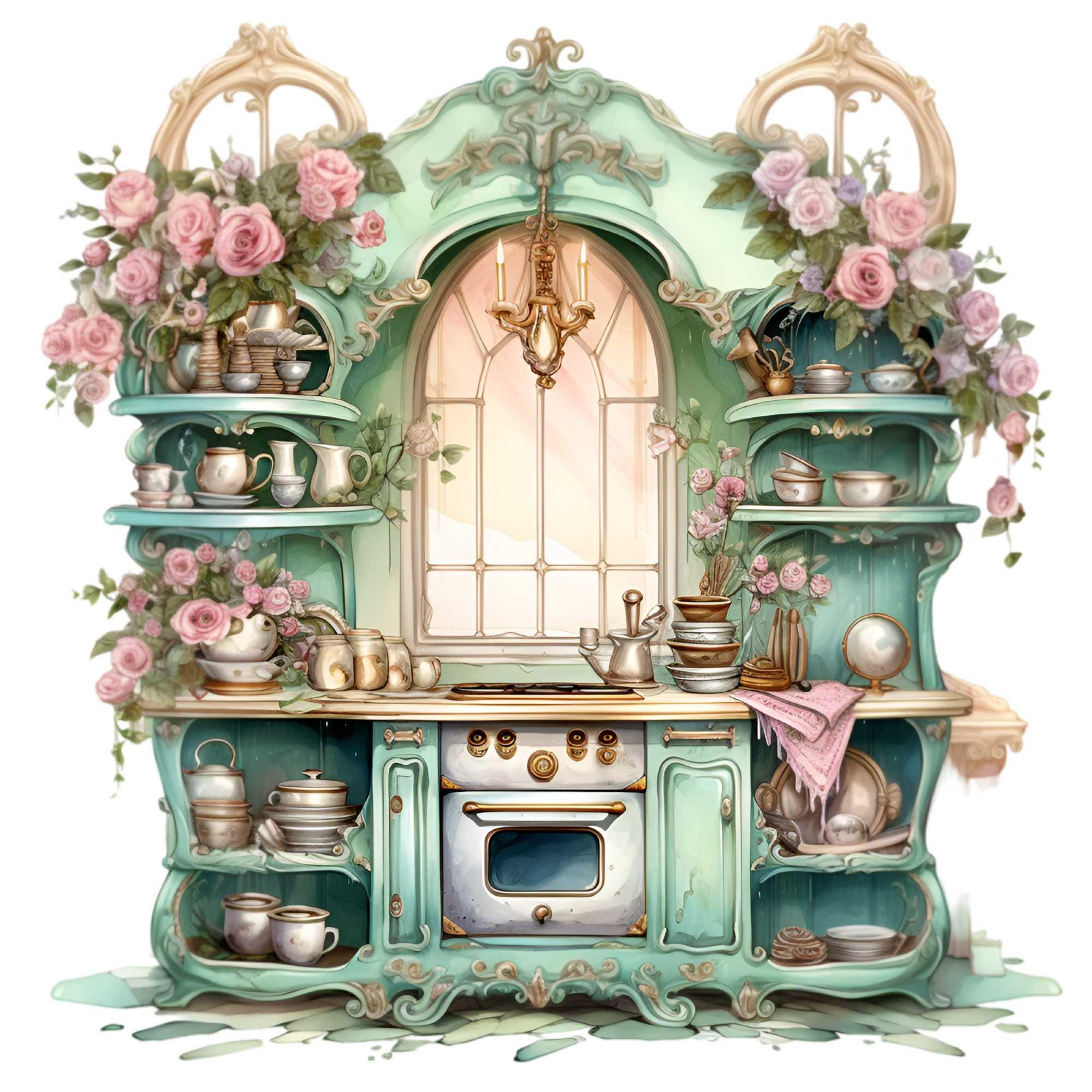 vintage floral kitchen scene clipart set graphic by... 15 PNG Retro Kitchen Pink Roses Cottage Clipart, Floral Stove - Etsy