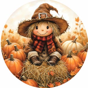 20 JPEG schattige herfst vogelverschrikker clipart JPEG - pompoen patch kind met hoed en geruite sjaal op hooibaal - herfstoogst ronde illustratie