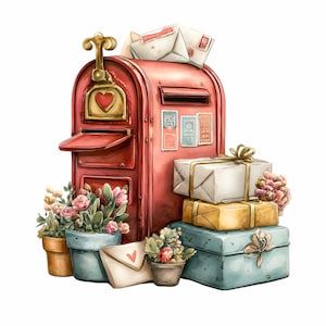 Può includere: Illustrazione ad acquerello di una cassetta postale rossa con manico dorato e dettaglio a cuore. La cassetta postale è piena di buste e circondata da fiori in vaso, regali e una busta con un cuore.
