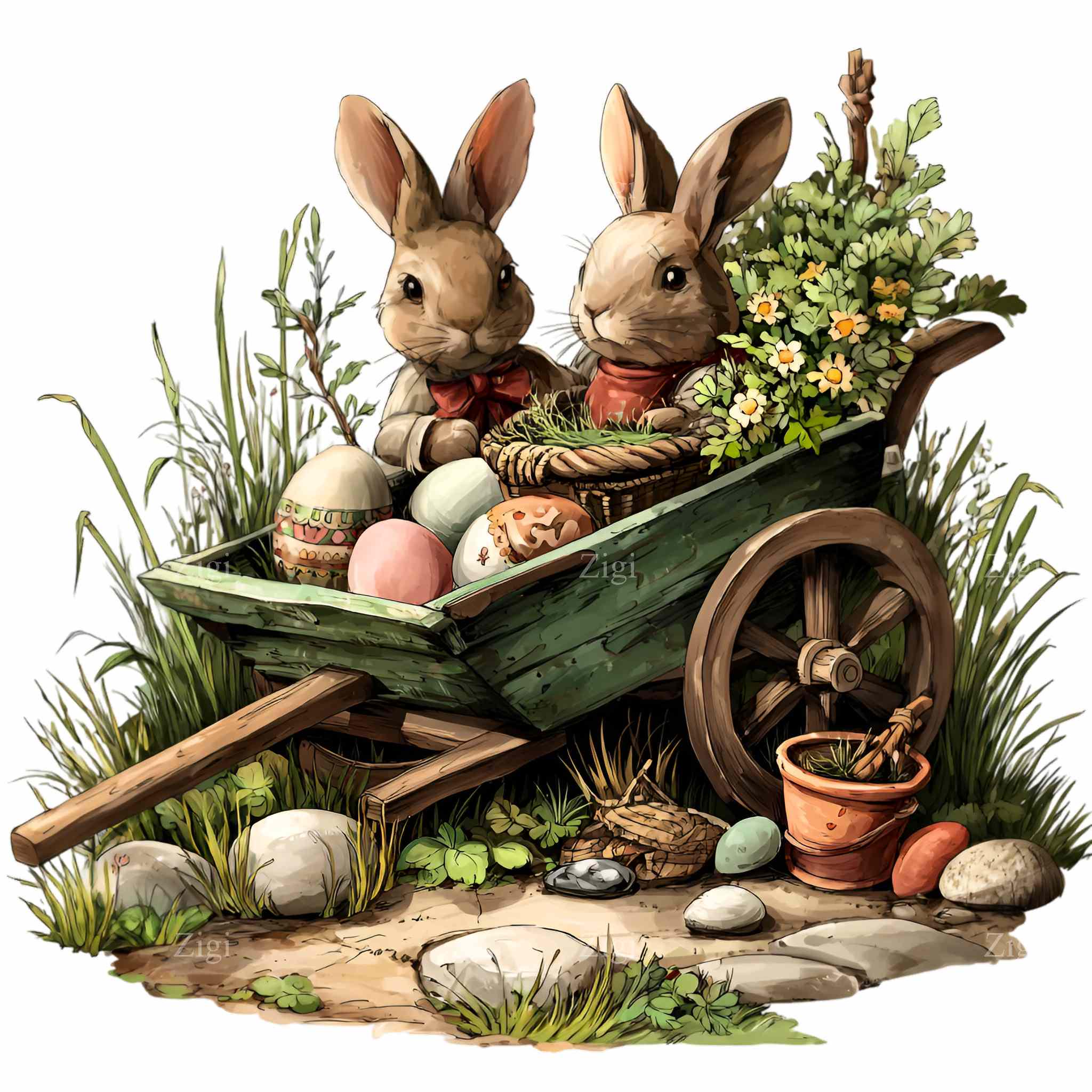 16 PNG Watercolor Bunny Clipart, Easter Wheelbarrow Illustration Spring ...