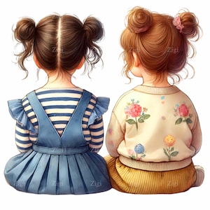 15 Due ragazze PNG Clipart Download digitale – Giovani ragazze sedute in abito a righe blu, maglione floreale, gonna gialla, doppi panini