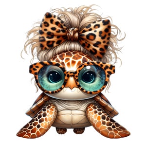 May include: A cartoon turtle with a brown and orange shell wearing leopard print sunglasses and a leopard print bow in its hair.