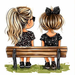 15 clipart di ragazze bionde JPEG – Scena di panchina con vista posteriore JPG – Illustrazione di un abito floreale estivo per agende, biglietti e decorazioni murali