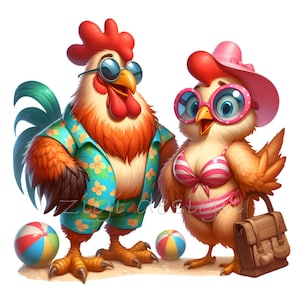 10 Letnich Kurczaków Plażowych PNG Clipart, Uroczy Kogut i Kura w Strojach Wakacyjnych, Pobieranie Cyfrowe, Zabawna Sztuka Zwierząt Gospodarskich