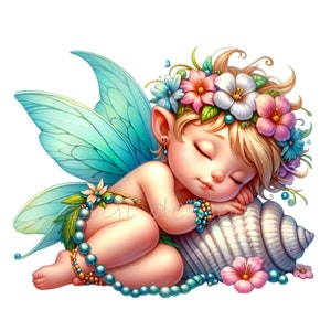 Op de afbeelding: Digitale illustratie van een slapende fee met blond haar, versierd met een bloemenkrans. De fee heeft turquoise vleugels en rust op een zeeschelp. Een kralenketting en armband voegen details toe aan de afbeelding.