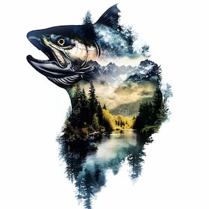 15 JPEG Salmon Forest Clipart Double Exposure JPG Fish with Mountain River Scene Wildlife Nature Art for Fishing Decor & Sublimation