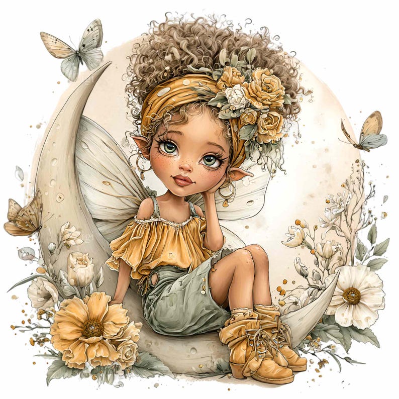 May include: A whimsical illustration of a fairy girl with curly brown hair, wearing a yellow top, green skirt, and tan boots, sitting on a crescent moon. Butterflies and flowers surround her, creating a dreamy, fairytale scene.