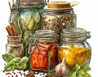 15 PNG Kitchen Spice Jars Garlic Herbs Watercolor Clipart