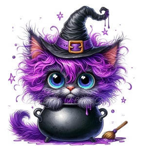 Halloween Cat Clipart - Purple Kitten With Witch Hat and Webs ...
