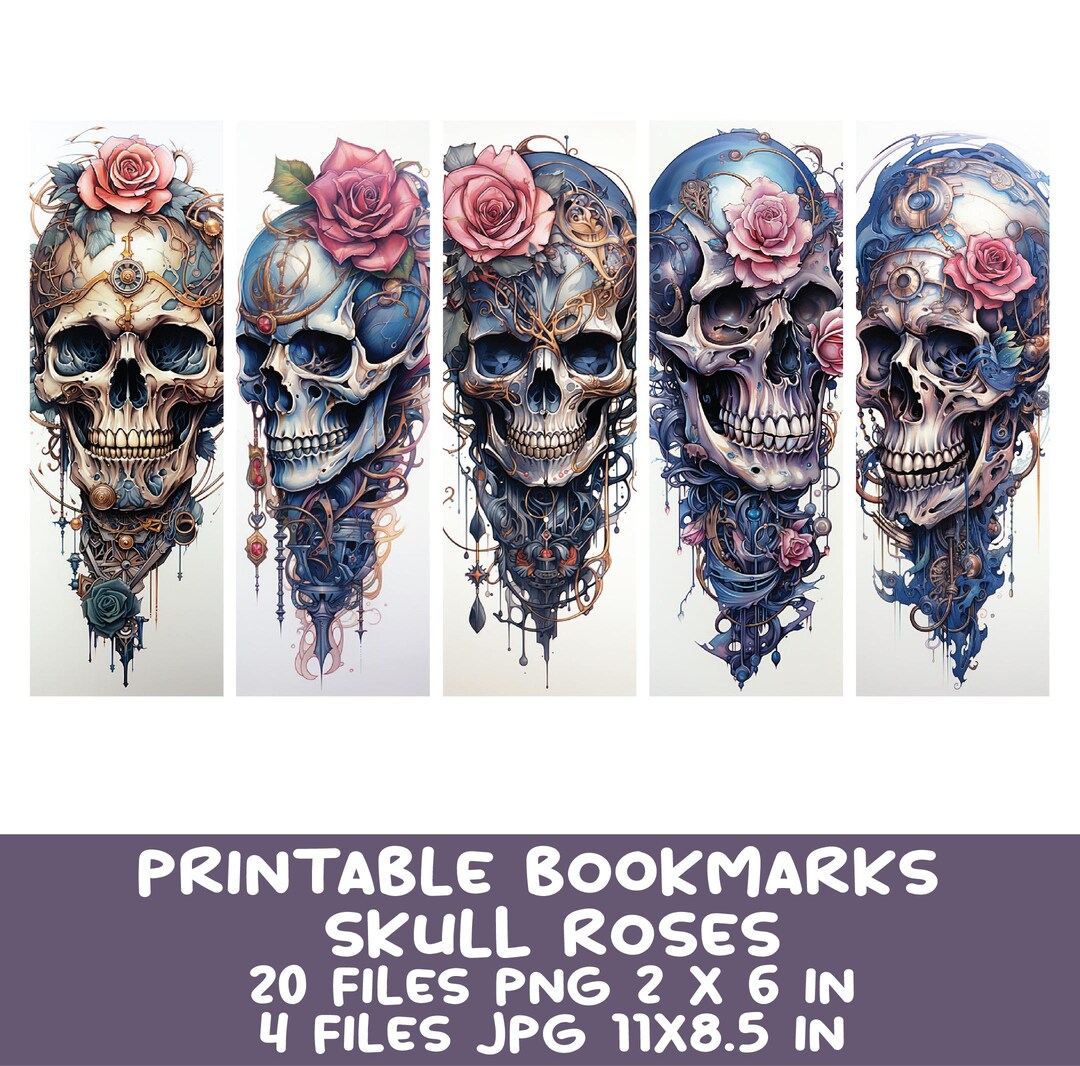 Gothic Skull Printable Bookmarks PNG Bundle 20 Watercolor - Etsy