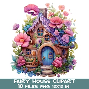 10 PNG Whimsical fairy house clipart – Magical cottage PNG bundle – Fantasy floral art for scrapbooking, kids crafts or printable decor