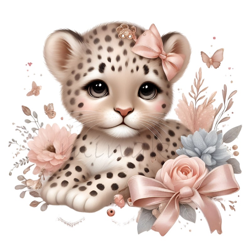 May include: A cute cartoon leopard cub with brown spots, wearing a pink bow, surrounded by pink and blue flowers.