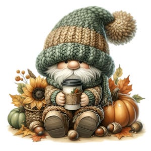 15 Gnomo autunnale PNG Clipart - Gnomo carino con cappello lavorato a maglia che tiene in mano il caffè, circondato da zucche e girasoli - Arte digitale autunnale