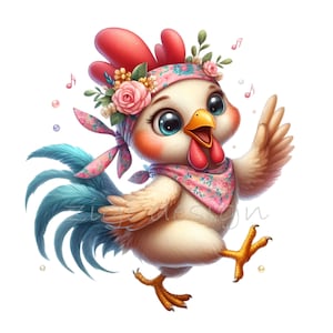 Può includere: Un'illustrazione di un gallo bianco con cresta e bargigli rossi, che indossa una fascia floreale rosa e un bandana floreale rosa. Il gallo ha piume blu sulla coda e canta a bocca aperta.