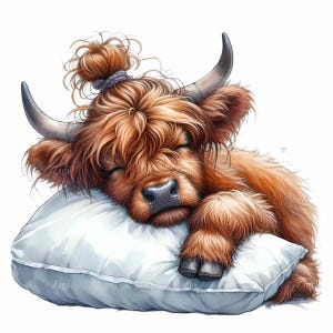 15 slapende koe png – clipart van een hooglandkalf met kussen – boerderijdierenkunst voor kinderkamerafdrukken, kinderdecoratie en babyknutsels