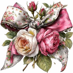 May include: A digital illustration of a floral arrangement featuring a large bow with a pink and white floral pattern, and a pink border. The arrangement includes pink and white roses, green leaves, and rose buds.