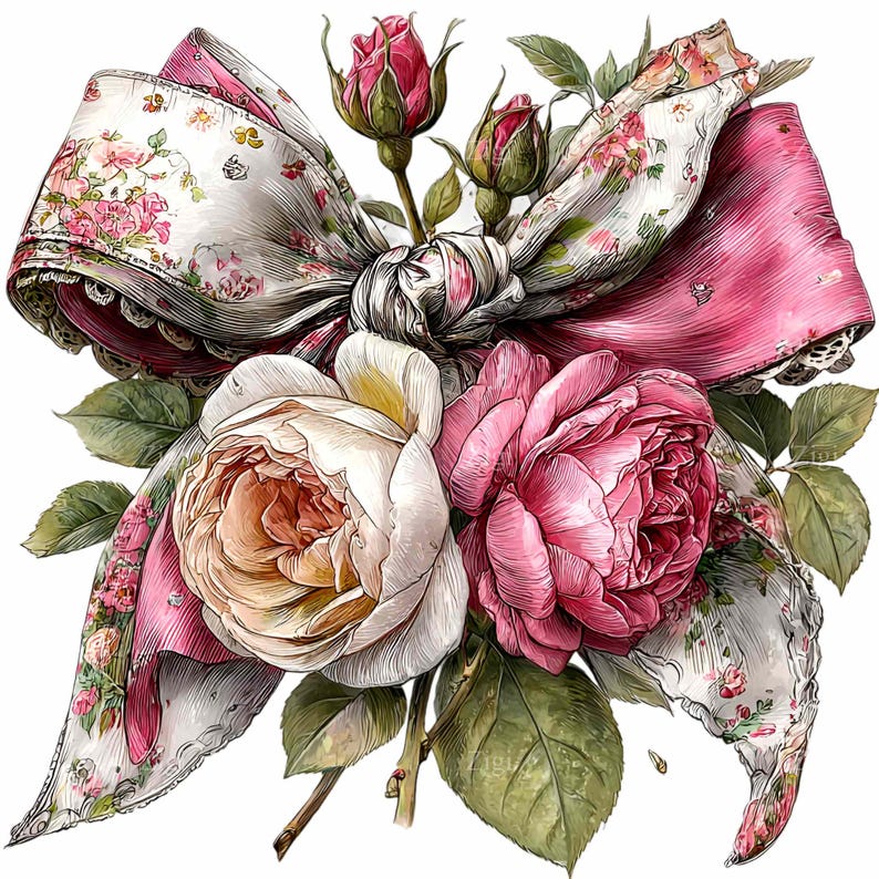 May include: A digital illustration of a floral arrangement featuring a large bow with a pink and white floral pattern, and a pink border. The arrangement includes pink and white roses, green leaves, and rose buds.
