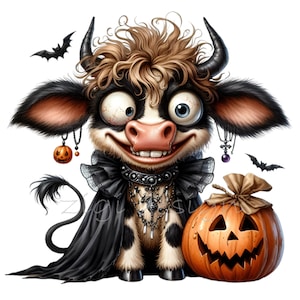15 mucca Halloween PNG – Divertente mucca delle Highland con mantello, zucca di Halloween, pipistrelli e occhi spettrali – Carino clipart autunnale
